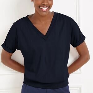 T by Talbots Navy Luxe Jersey V Neck Tee. Cuffed Sleeves Size Large